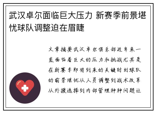 武汉卓尔面临巨大压力 新赛季前景堪忧球队调整迫在眉睫