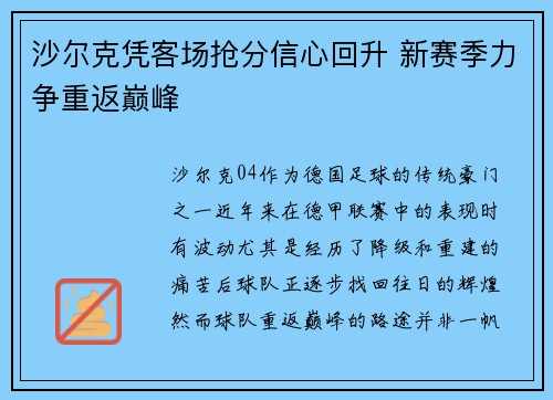 沙尔克凭客场抢分信心回升 新赛季力争重返巅峰