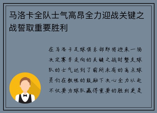 马洛卡全队士气高昂全力迎战关键之战誓取重要胜利