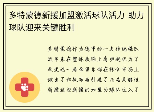多特蒙德新援加盟激活球队活力 助力球队迎来关键胜利