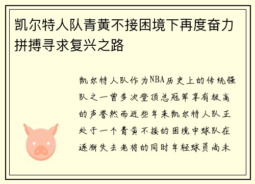凯尔特人队青黄不接困境下再度奋力拼搏寻求复兴之路