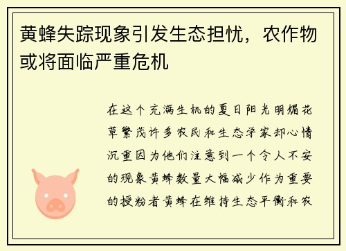 黄蜂失踪现象引发生态担忧，农作物或将面临严重危机