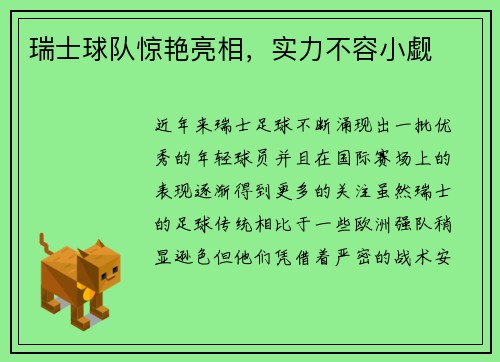瑞士球队惊艳亮相，实力不容小觑