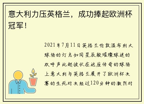 意大利力压英格兰，成功捧起欧洲杯冠军！