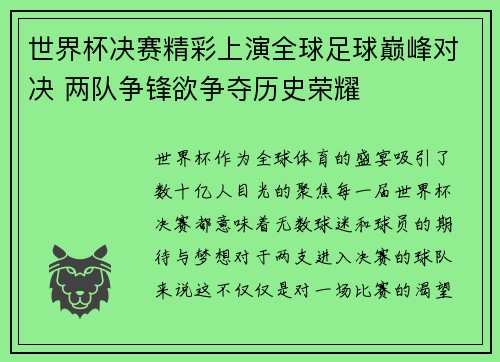 世界杯决赛精彩上演全球足球巅峰对决 两队争锋欲争夺历史荣耀